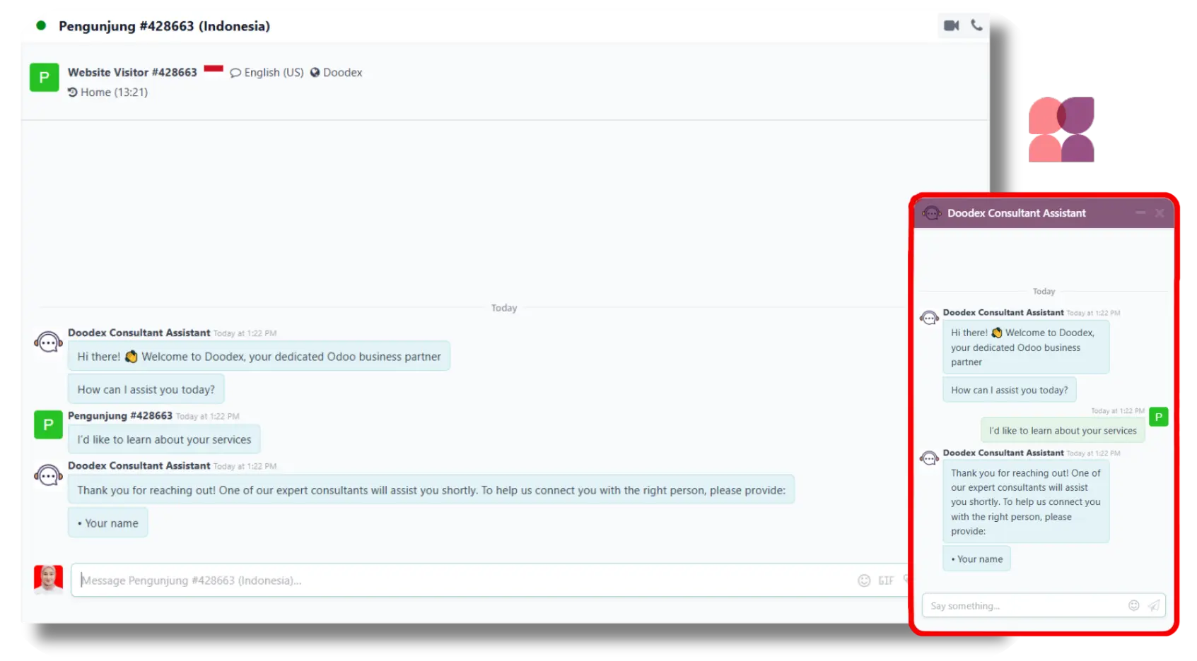 Every chat request from a visitor is automatically recorded in Odoo