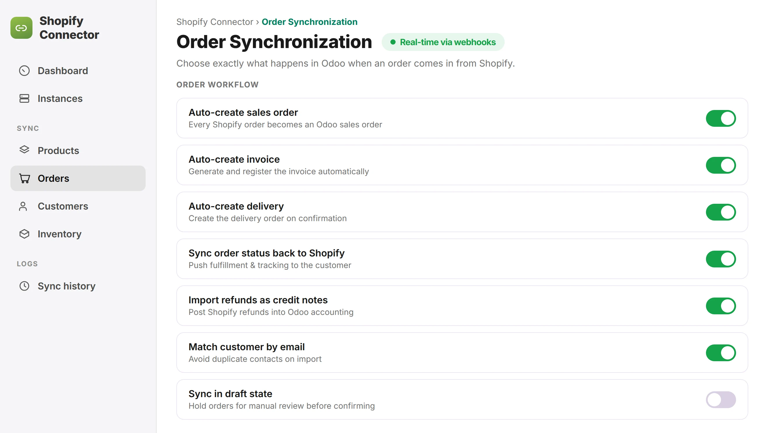 Odoo Shopify connector order synchronization settings