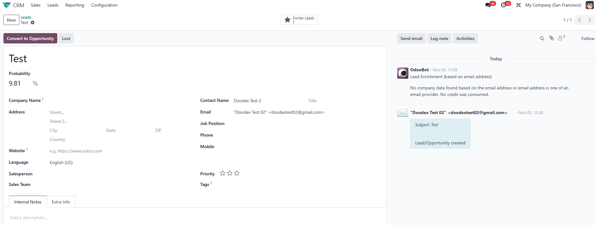 Unknown senders automatically create a Lead/Contact only if the sender’s email does not already exist in Odoo Contacts