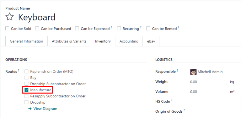 Odoo Manufacturing product setup with Manufacture route selected Odoo Manufacturing product setup with Manufacture route selected