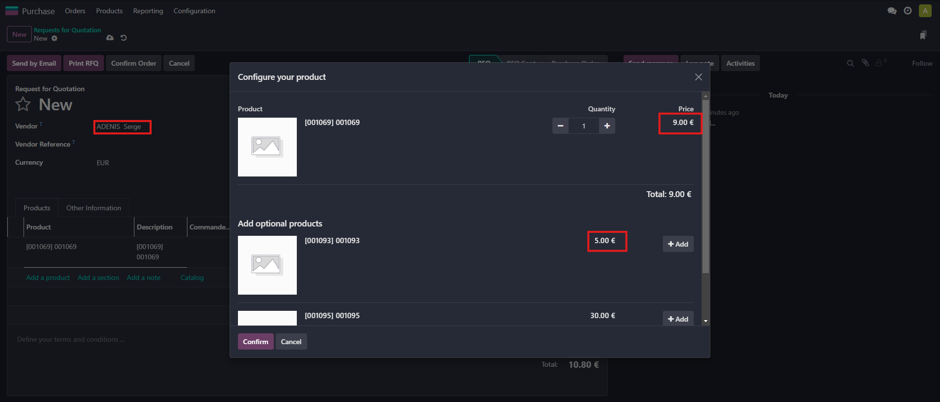 Prices follow the selected vendor’s supplier info; otherwise, the standard price is used