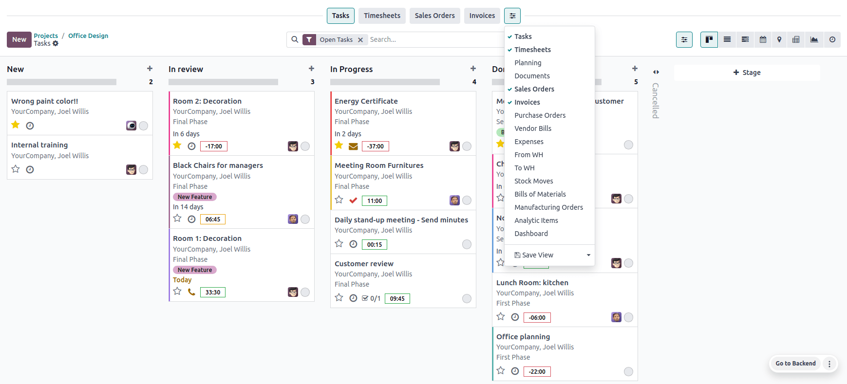 Project management dashboard in Odoo