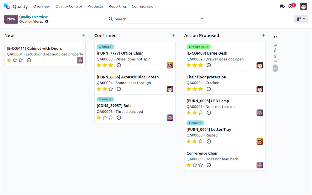Odoo quality control dashboard showing real-time quality alerts Odoo quality control dashboard showing real-time quality alerts