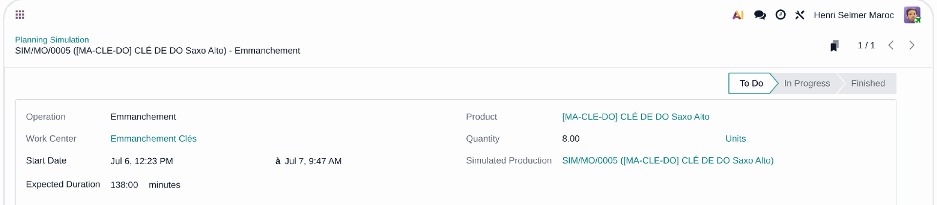 Odoo Planning Simulation — simulated Work Order