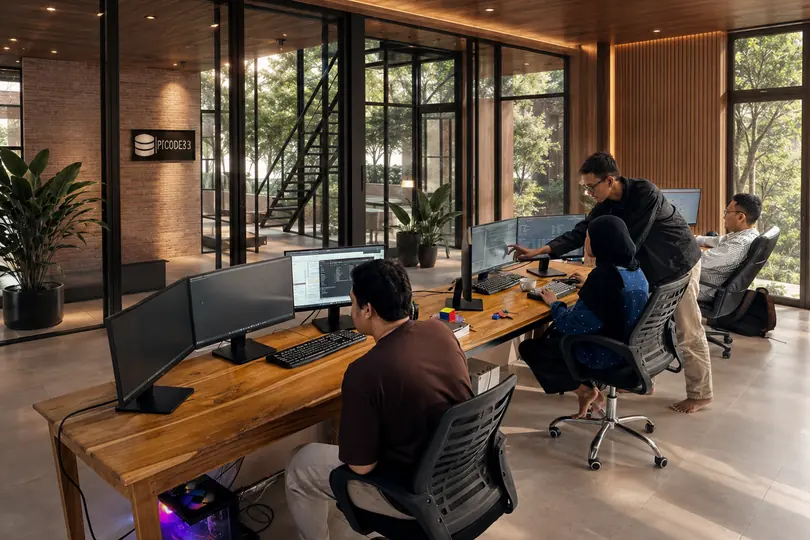 Doodex developers at the studio workstations, one reviewing Odoo code on screen with a colleague