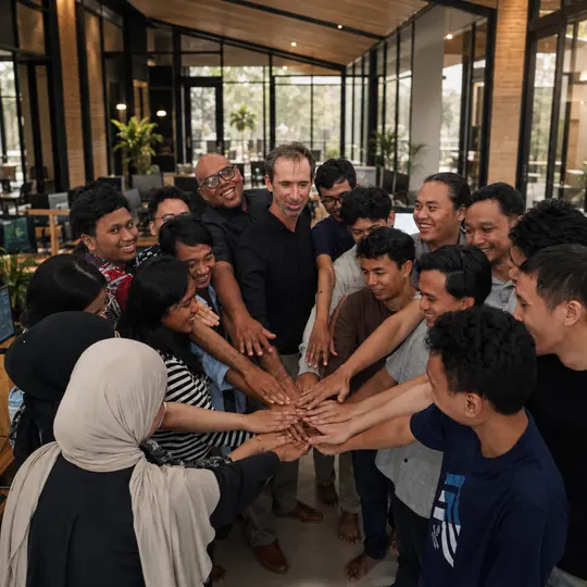 The Doodex team joining hands in the middle of the development studio