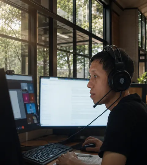 Doodex support engineer with a headset working across two monitors
