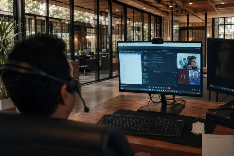Doodex developer in a video code review with Odoo source on screen